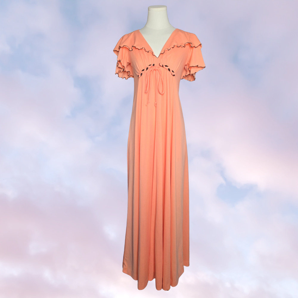 Vtg 60s JCPenney Peach Pink Cottage Mod Retro Ruffle Empire Waist Dress Sz 7